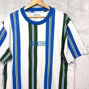 Y2K Guess Originals Striped T-Shirt Blue Green White Size L Embroidered Logo VTG